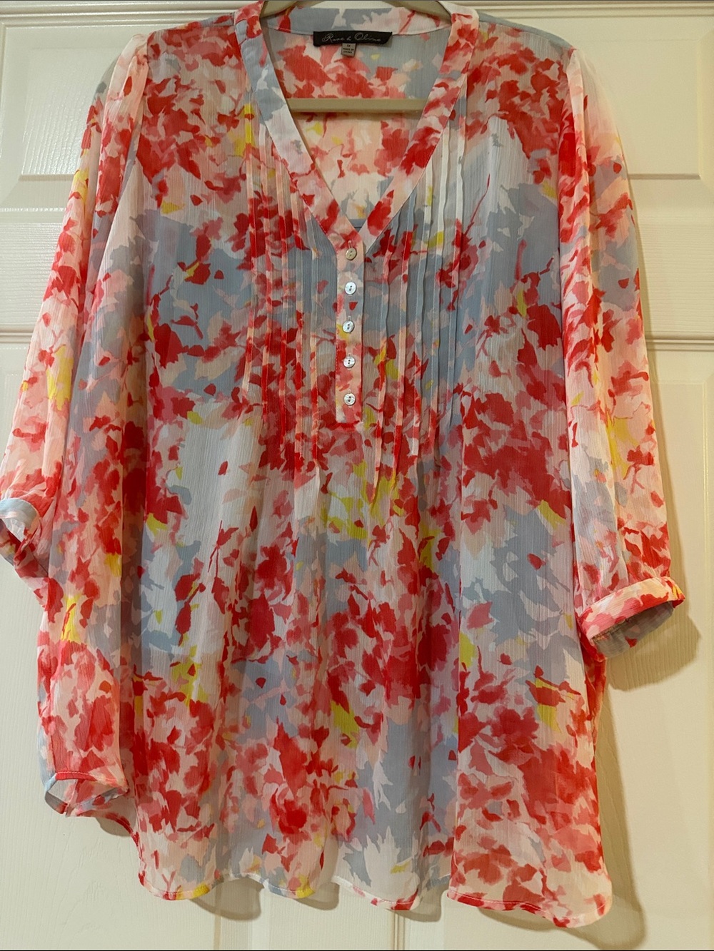 Rose and Olive Red Pink Floral V-Neck Tunic